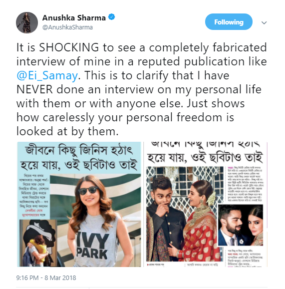 Anushka Slammed the Bengali Publication For Reporting a Fabricated Story