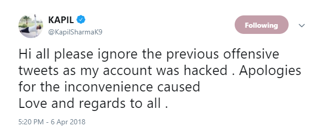 His abusive comments on Twitter came as a shock for many, the abusive comments were deleted and Kapil himself said that his account was hacked